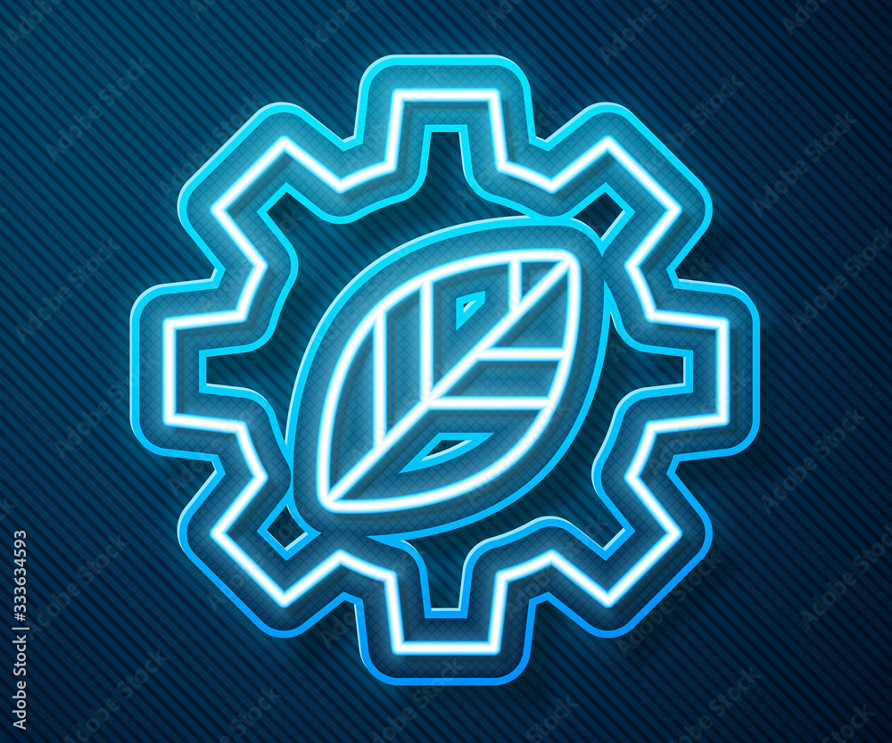 Glowing neon line Leaf plant ecology in gear machine icon isolated on blue background. Eco friendly 