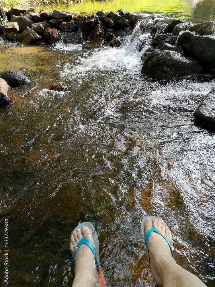 浸泡双脚，在凉爽清澈的溪流中游泳。