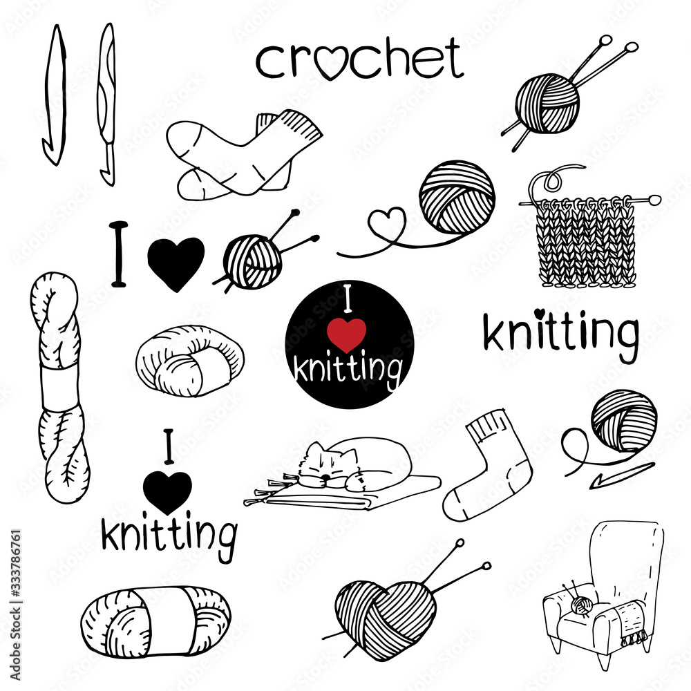 stock vector illustration drawing in doodle style. Set of knitting and crochet elements. Icons I lik