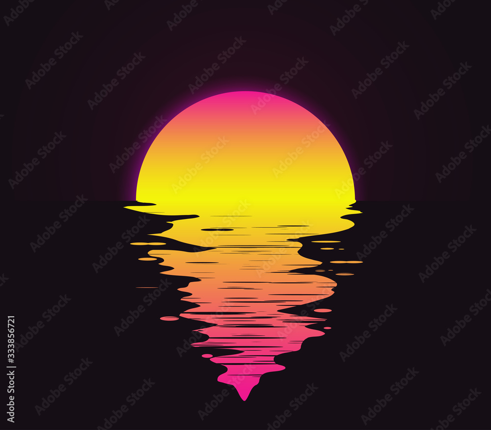 复古风格的明亮日落，倒影在海水或海洋矢量插图上。