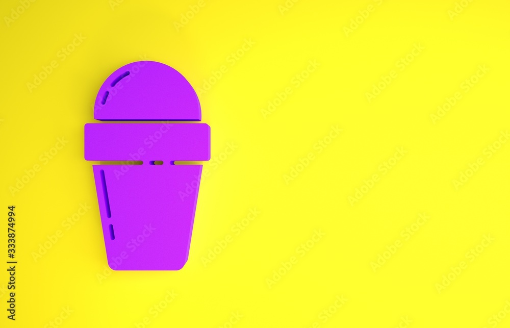 黄色背景上隔离的华夫饼锥形紫色冰淇淋图标。甜蜜的象征。极简主义概念