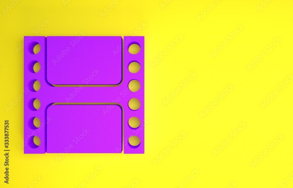 黄色背景上隔离的紫色播放视频图标。电影条形标志。极简主义概念。3d插图
