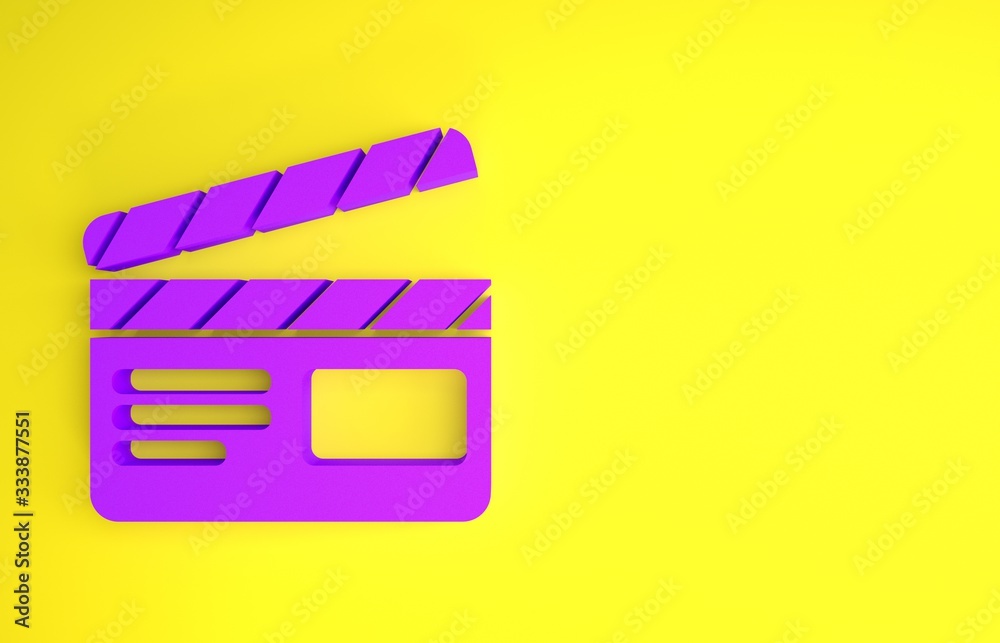 黄色背景上隔离的紫色电影拍板图标。电影拍板。拍板标志。电影