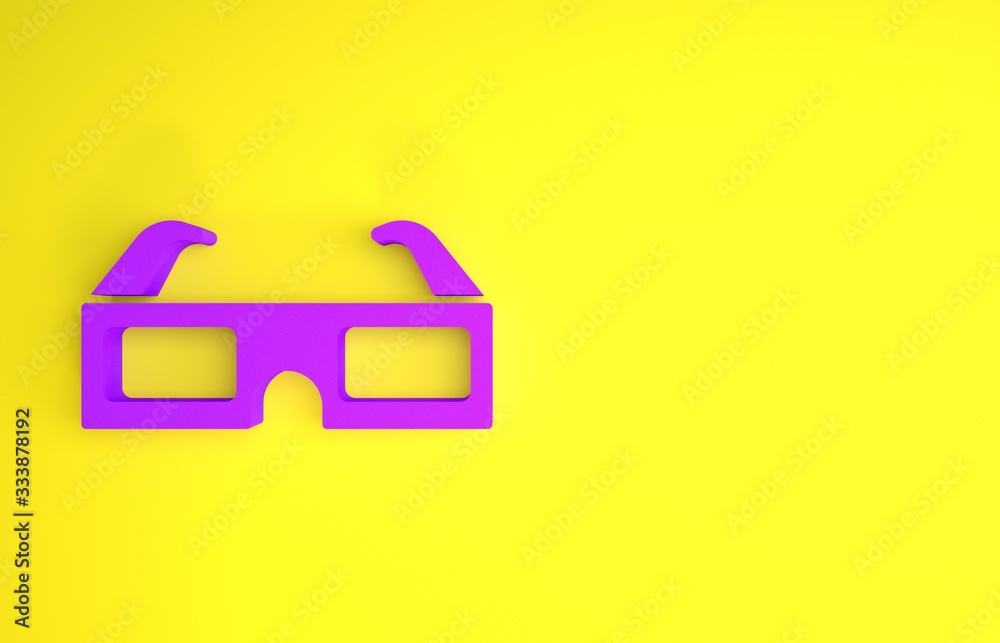 黄色背景上隔离的紫色3D影院眼镜图标。极简主义概念。3D插图
