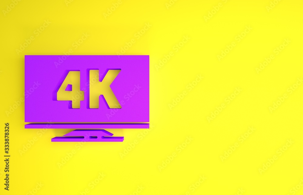 紫色屏幕电视，带有4k超高清视频技术图标，隔离在黄色背景上。极简主义合作