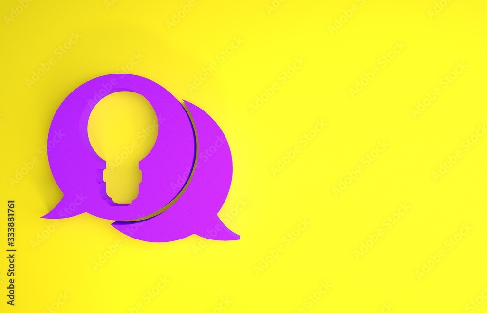紫色演讲气泡和灯泡，黄色背景上隔离了创意图标的概念。能量