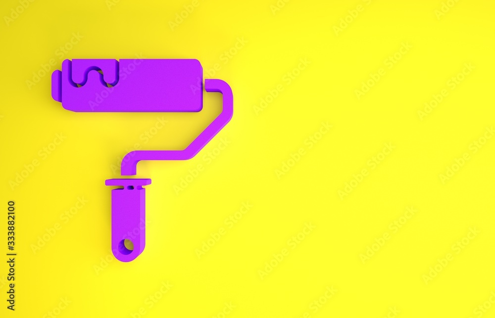紫色油漆滚筒刷图标隔离在黄色背景上。极简主义概念。三维插图3d