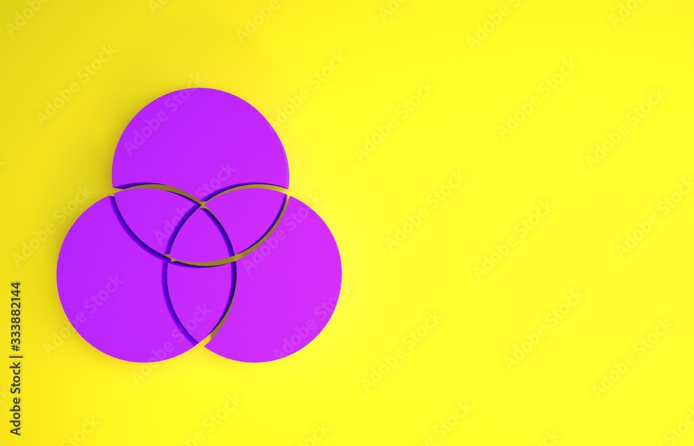 黄色背景上隔离的紫色RGB和CMYK颜色混合图标。极简主义概念。3d插图