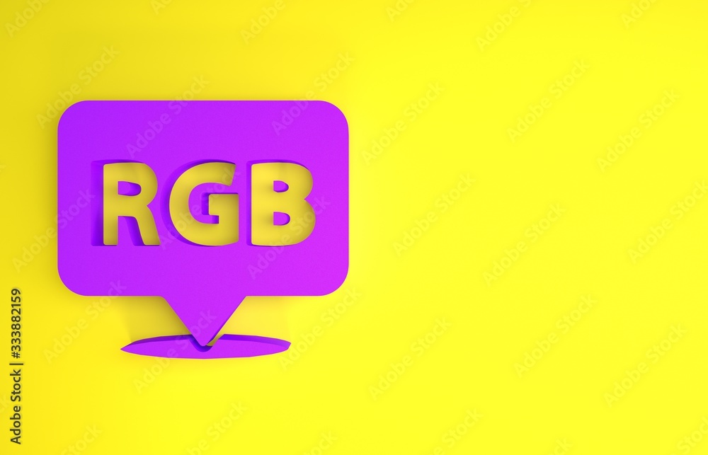 黄色背景上隔离的带有RGB和CMYK颜色混合图标的紫色语音气泡。极简主义c