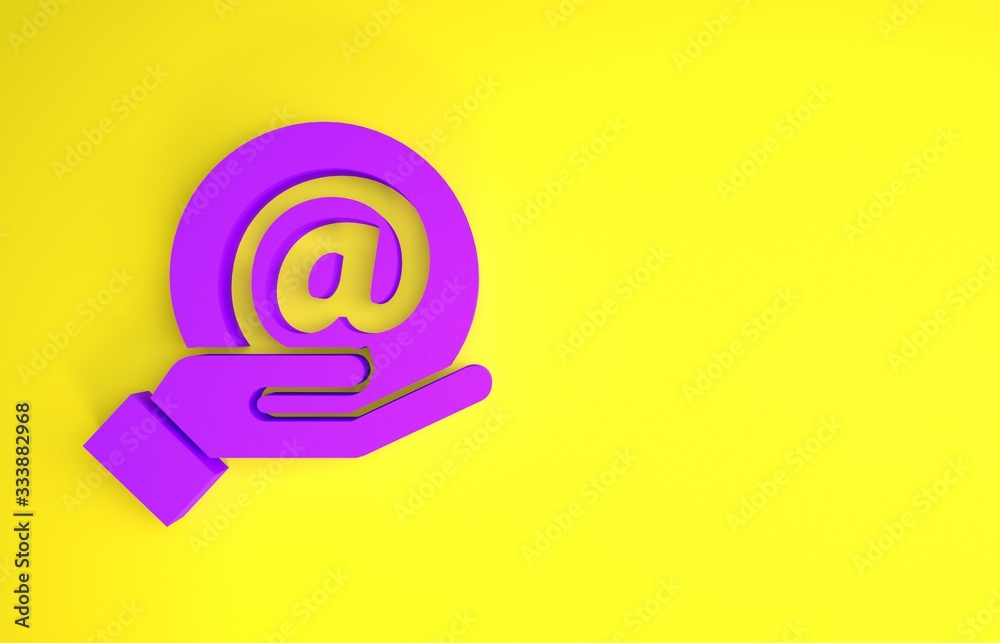 Purple Mail and e-mail in hand icon isolated on yellow background. Envelope symbol e-mail. Email mes