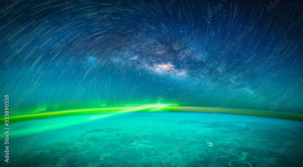 Landscape with Milky way galaxy. Earth and Aurora view from space with Milky way galaxy. (Elements o