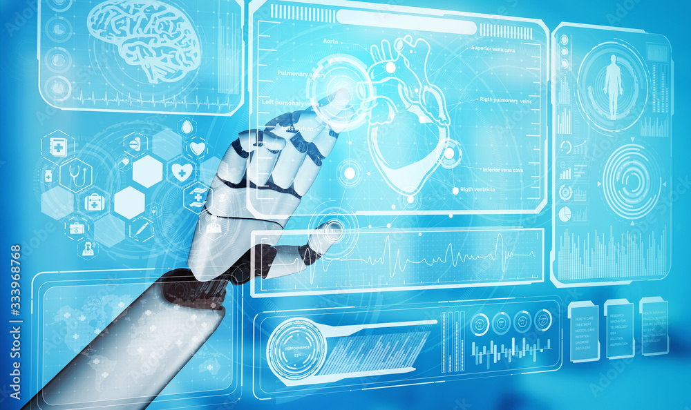3D渲染医疗人工智能机器人在未来医院工作。未来假肢