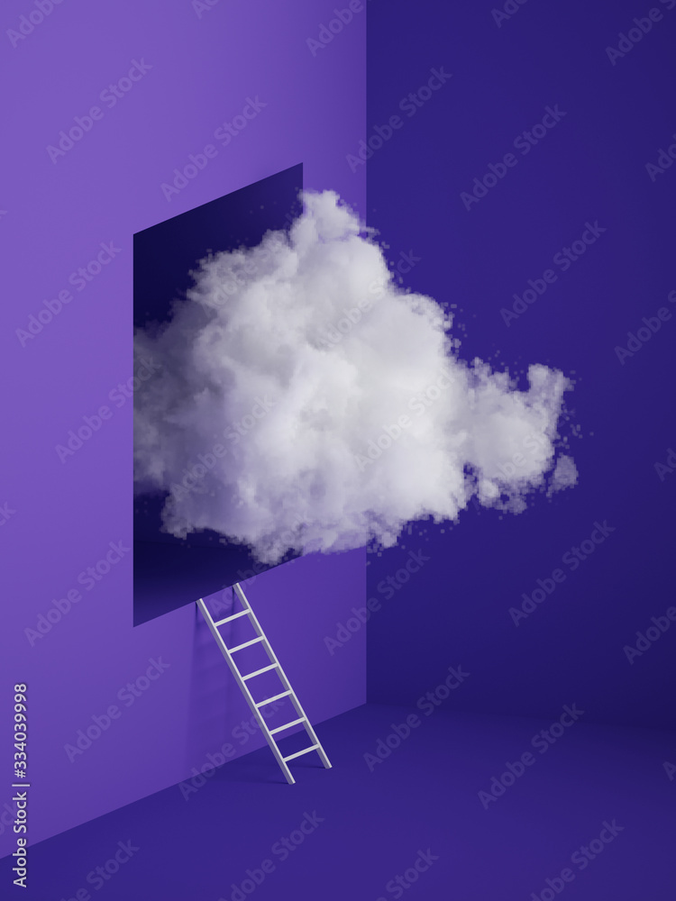 3d渲染，白色蓬松的云从窗户、梯子、楼梯、墙上的洞里飞出来。最小r