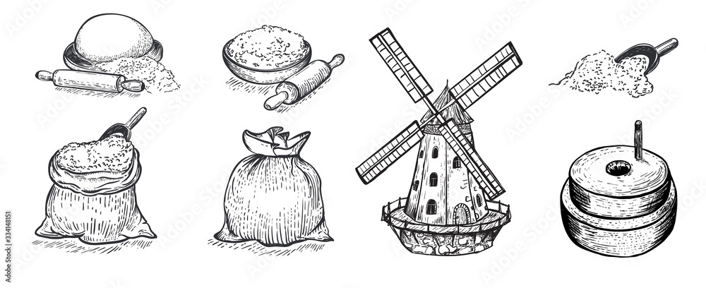 一套面粉、手磨、风车、小麦、谷物、配料。手绘矢量插图。Engrav