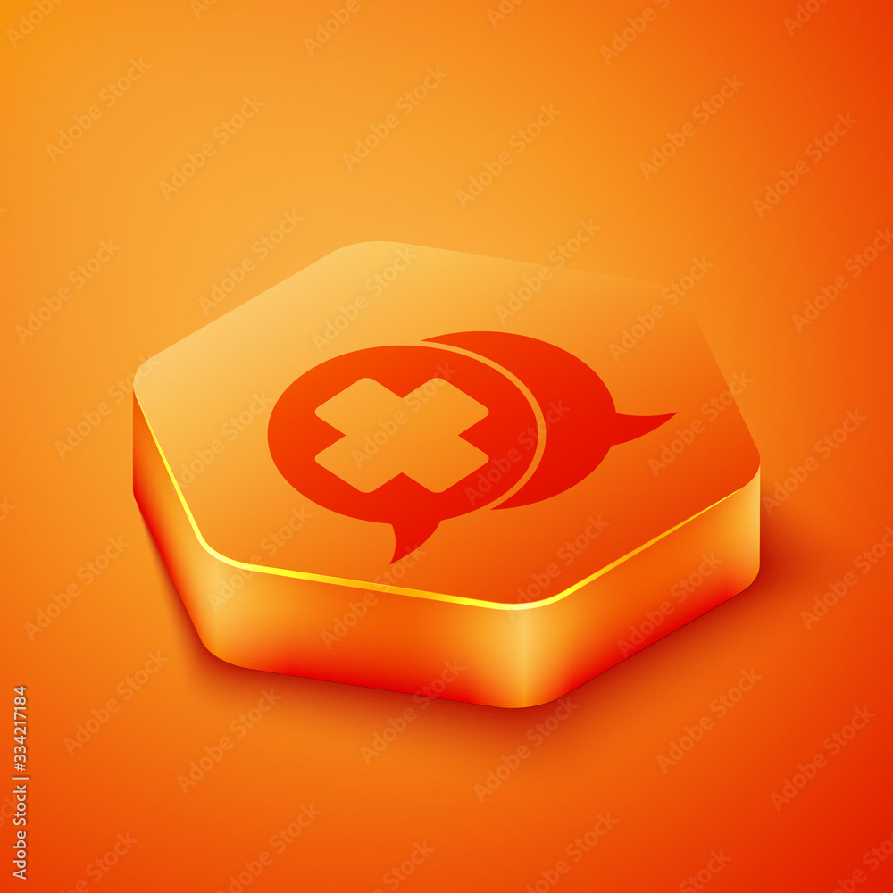 Isometric Dialogue with the doctor icon isolated on orange background. Doctor and patient dialog. Co