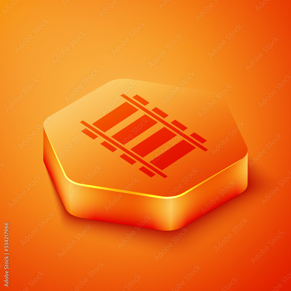 Isometric Railway, railroad track icon isolated on orange background. Orange hexagon button. Vector 