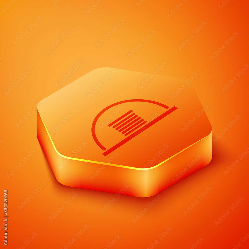 Isometric Hangar icon isolated on orange background. Orange hexagon button. Vector Illustration