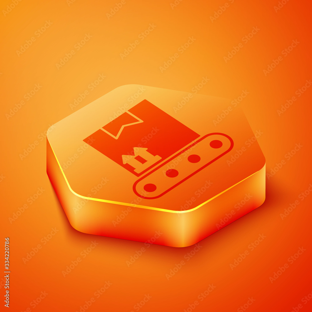 Isometric Conveyor belt with cardboard box icon isolated on orange background. Orange hexagon button