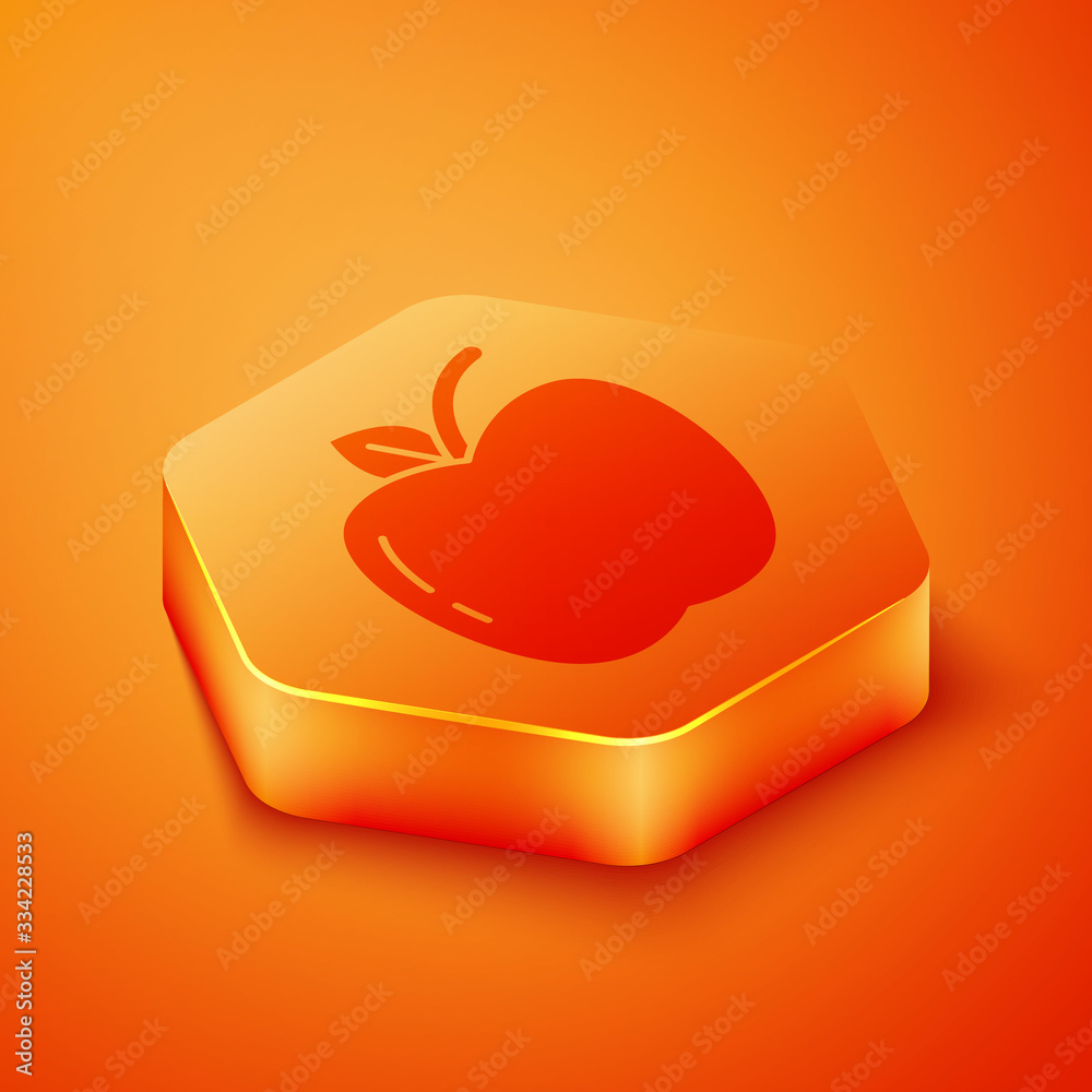 Isometric Apple icon isolated on orange background. Fruit with leaf symbol. Orange hexagon button. V