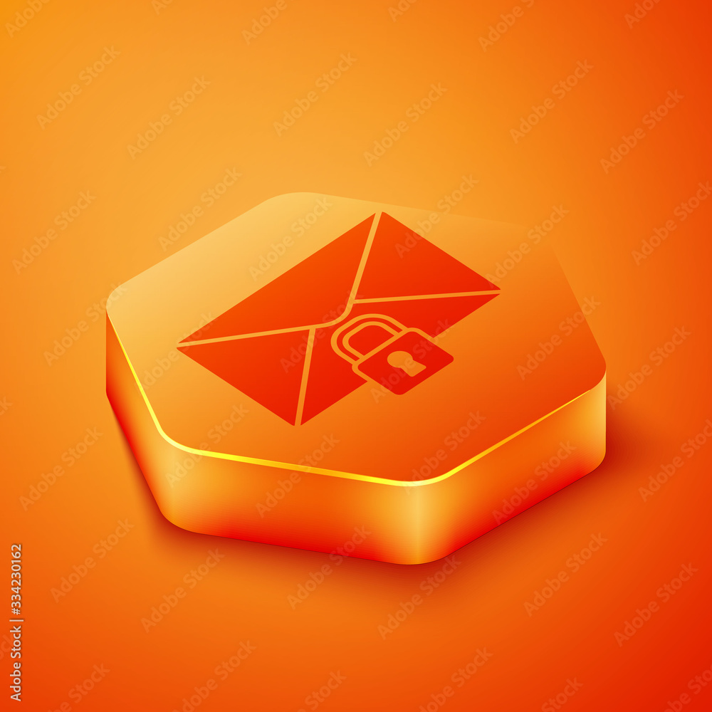 Isometric Mail message lock password icon isolated on orange background. Envelope with padlock. Priv
