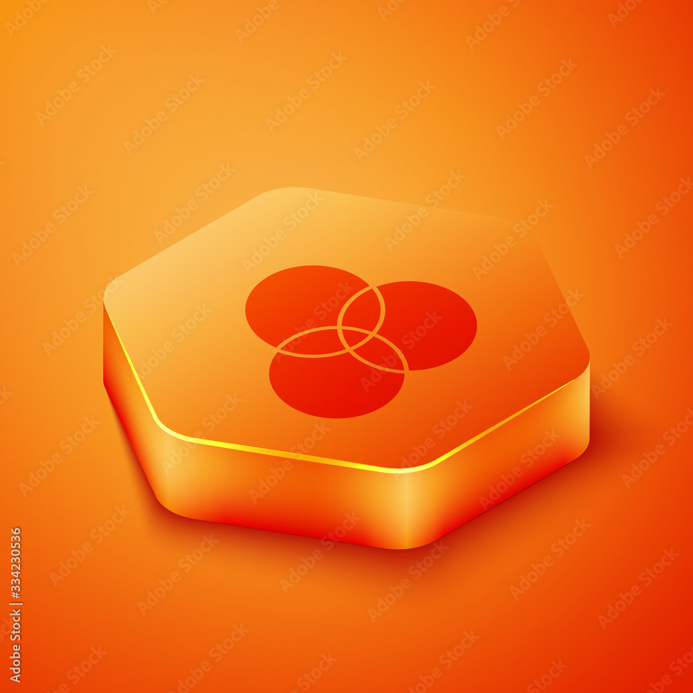 Isometric RGB and CMYK color mixing icon isolated on orange background. Orange hexagon button. Vecto