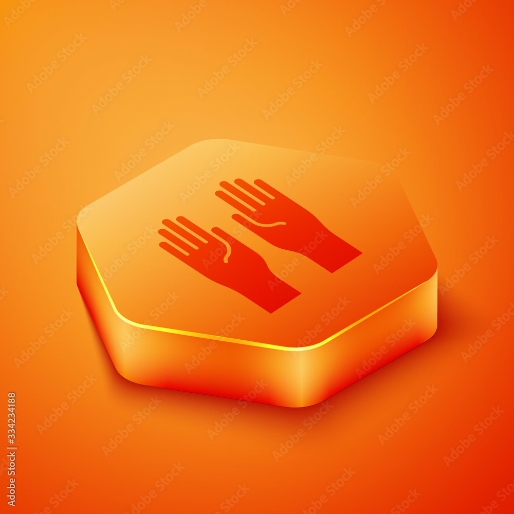 Isometric Rubber gloves icon isolated on orange background. Latex hand protection sign. Housework cl