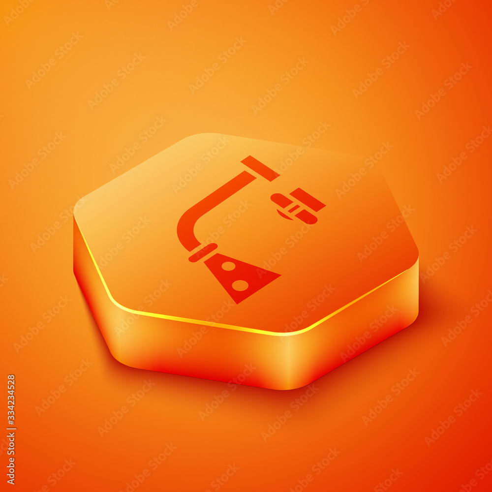 Isometric Water tap icon isolated on orange background. Orange hexagon button. Vector Illustration