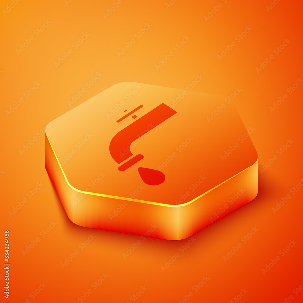 Isometric Water tap with a falling water drop icon isolated on orange background. Orange hexagon but