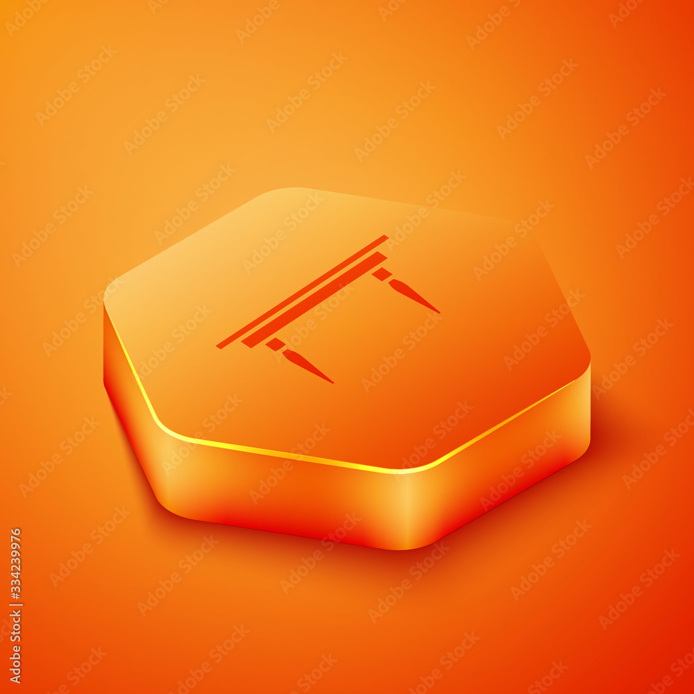 Isometric Wooden table icon isolated on orange background. Orange hexagon button. Vector Illustratio