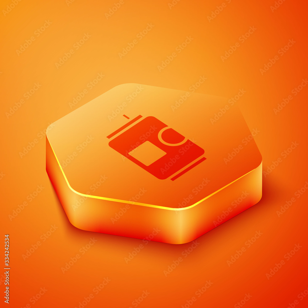 Isometric Beer can icon isolated on orange background. Orange hexagon button. Vector Illustration