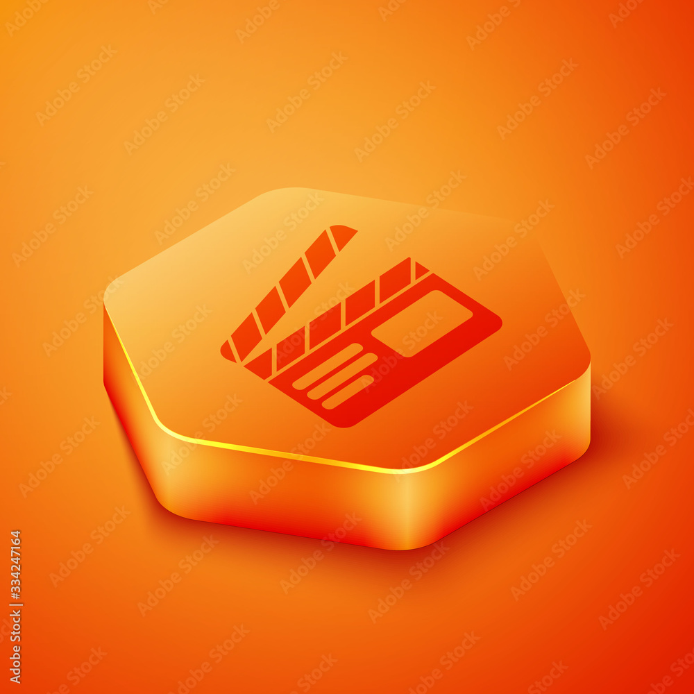Isometric Movie clapper icon isolated on orange background. Film clapper board. Clapperboard sign. C