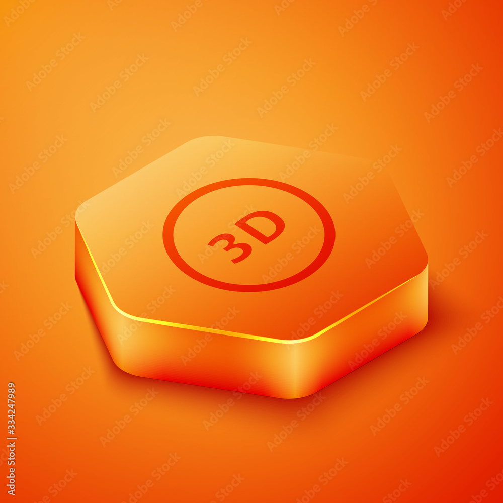 Isometric 3D word icon isolated on orange background. Orange hexagon button. Vector Illustration