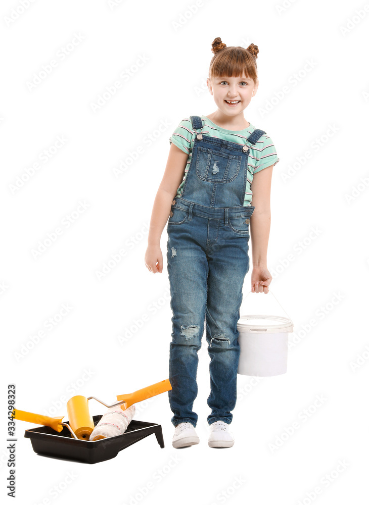 Little girl with paint tools on white background