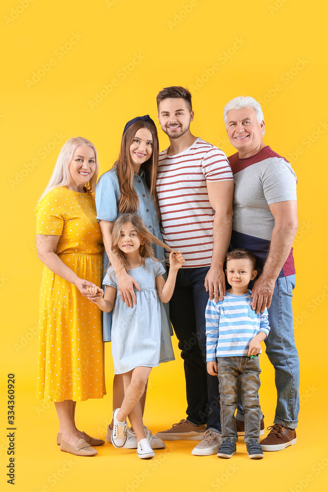 Portrait of big family on color background
