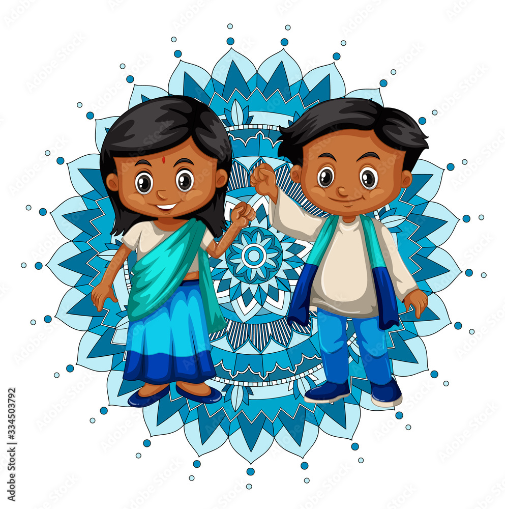 印度女孩和男孩的曼陀罗图案设计背景