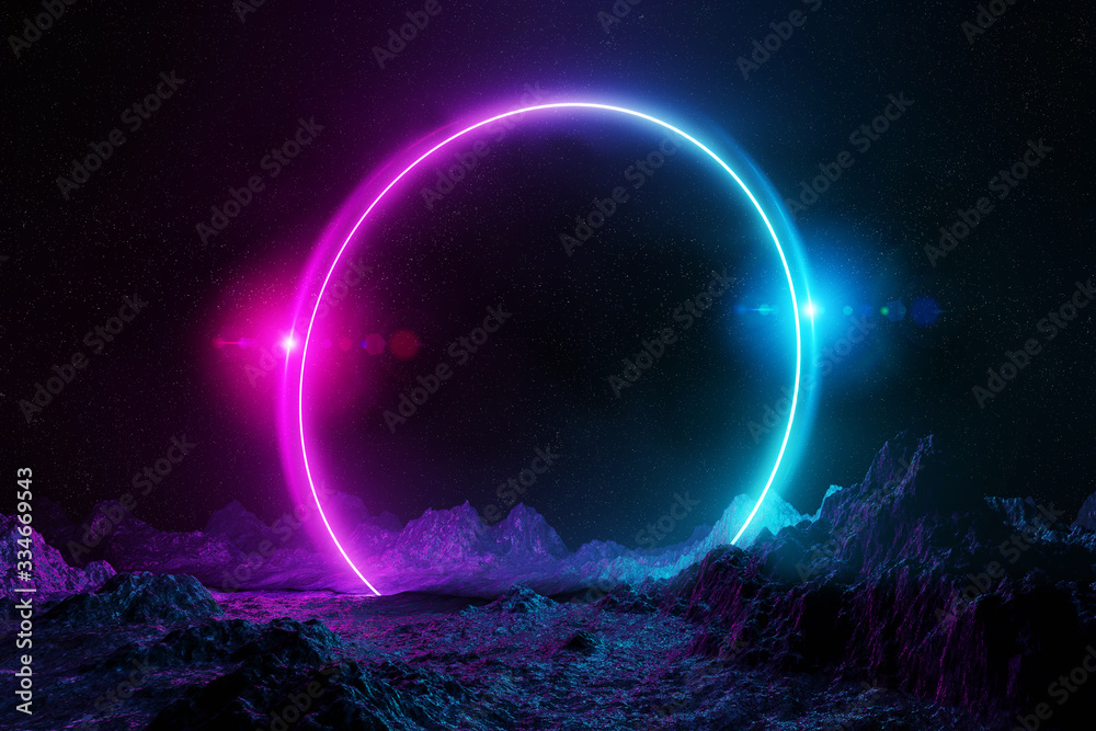 Abstract background with blue and pink neon light circle reflecting on asteroid ground 3D rendering