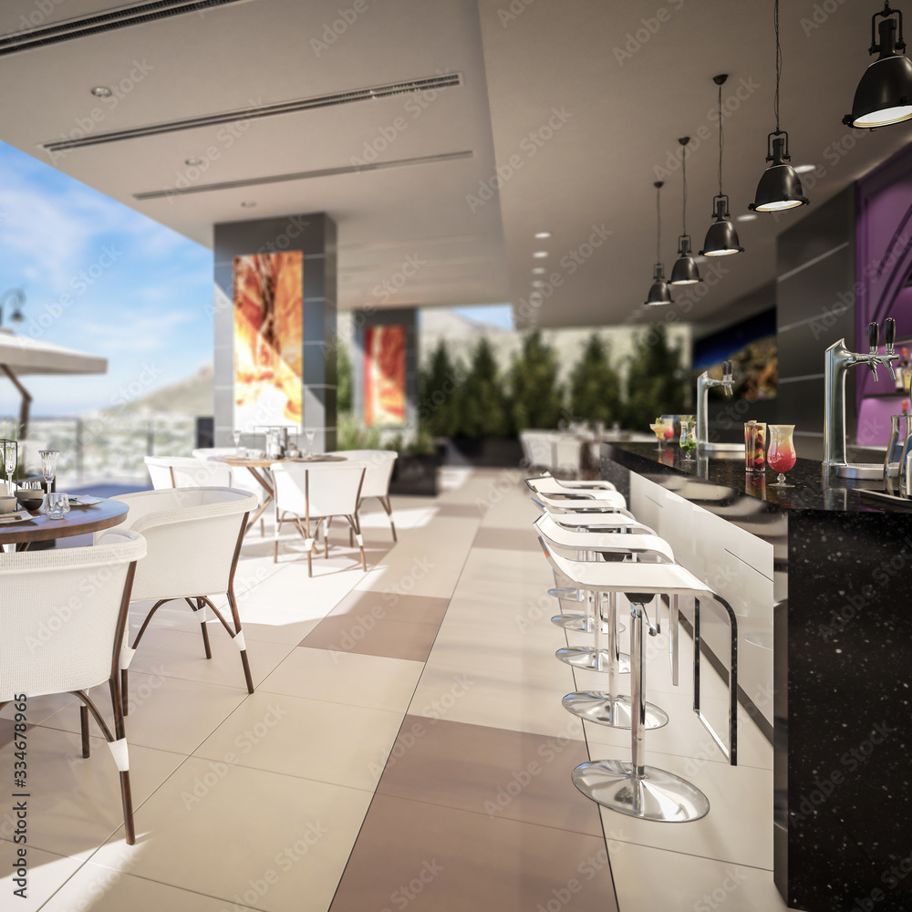 Terrace Bar & Restaurant with Outlook - depht of field 3d visualization