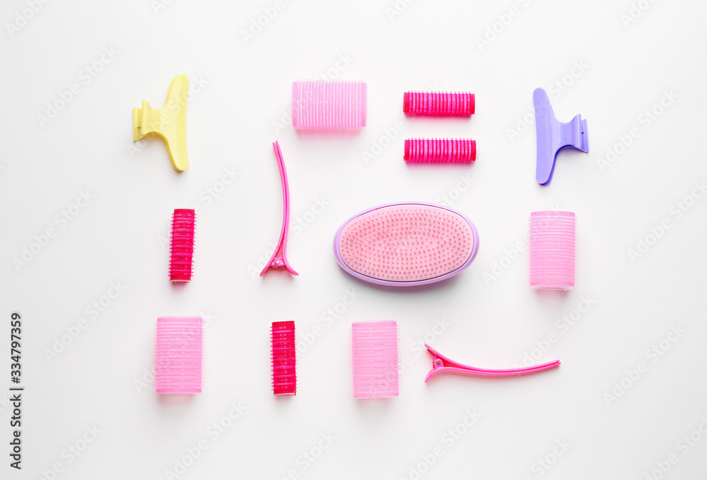 Set of hairdressers accessories on white background