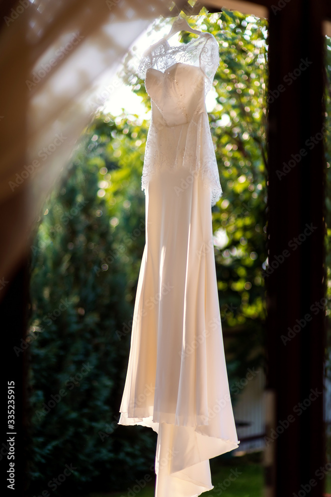 Elegant wedding dress hanging on branch on green nature background.