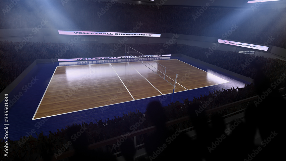 Volleyball stadium with people fan. Sport arena. Render 3D. Illustration.
