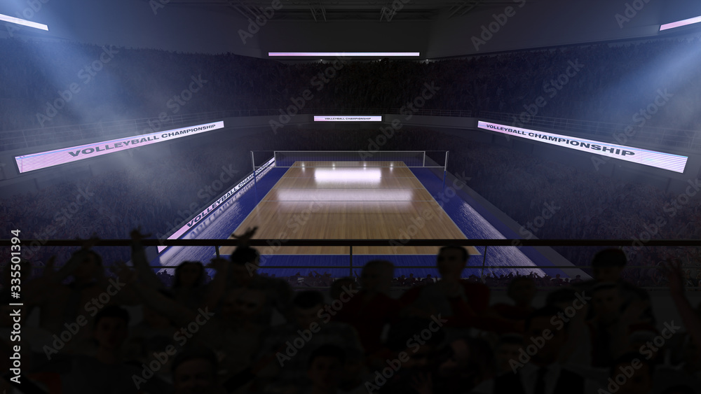 Volleyball stadium with people fan. Sport arena. Render 3D. Illustration.