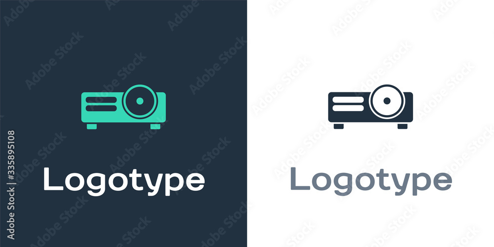 Logotype Presentation, movie, film, media projector icon isolated on white background. Logo design t