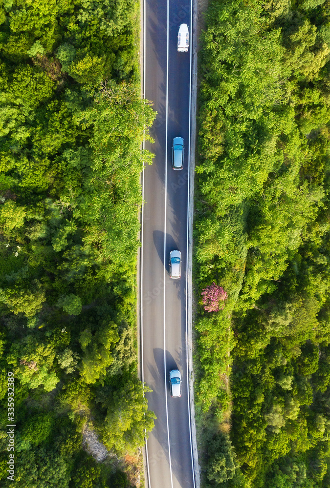 Croatia. Aerial view on road in the forest. Highway throu the forest. View from a drone. Natural lan