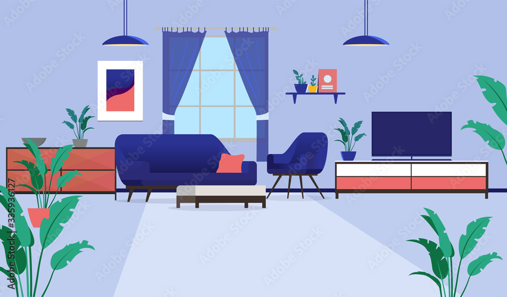 公寓内部元素-空荡荡的客厅场景，配有沙发、椅子、电视台、植物和艺术品
