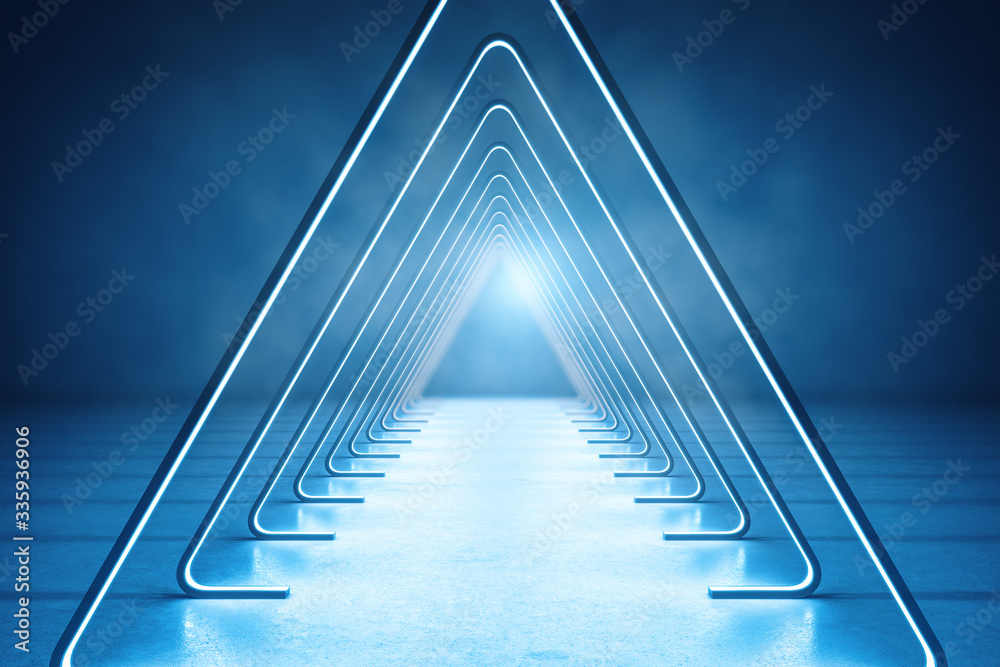 Blue interior with abstract luminous triangle corridor.