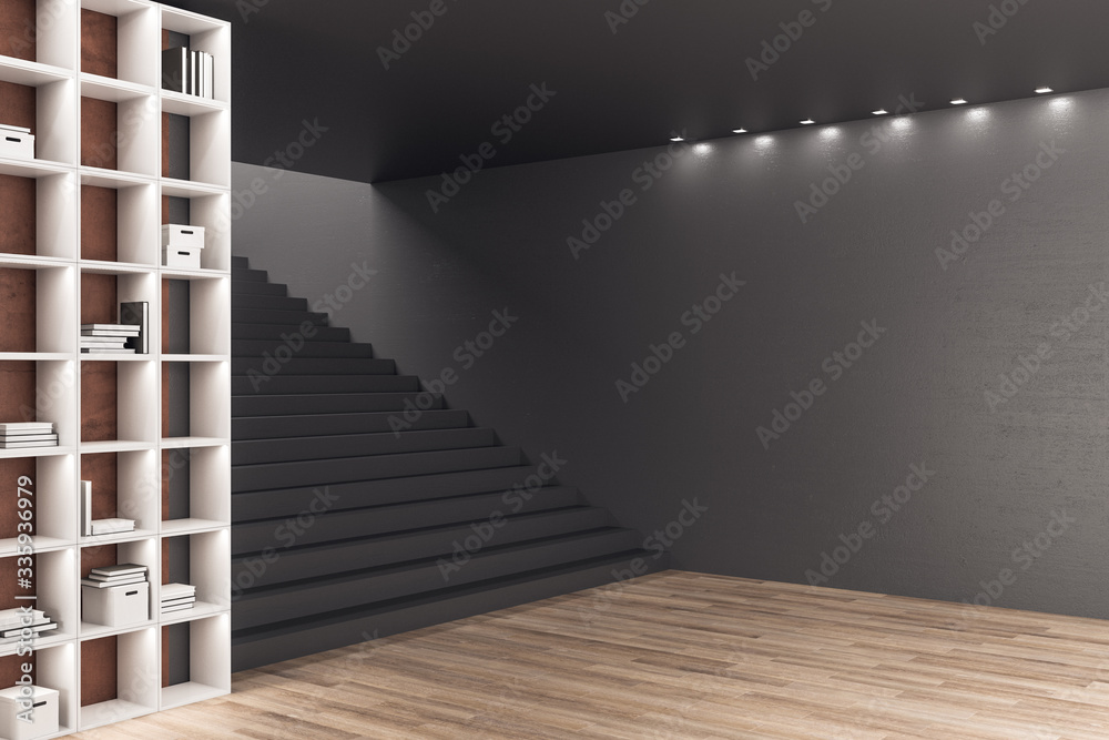 Contemporary loft office room with bookcase