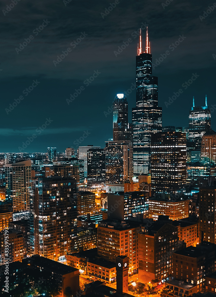 芝加哥市中心城市景观摩天大楼夜晚的天际线