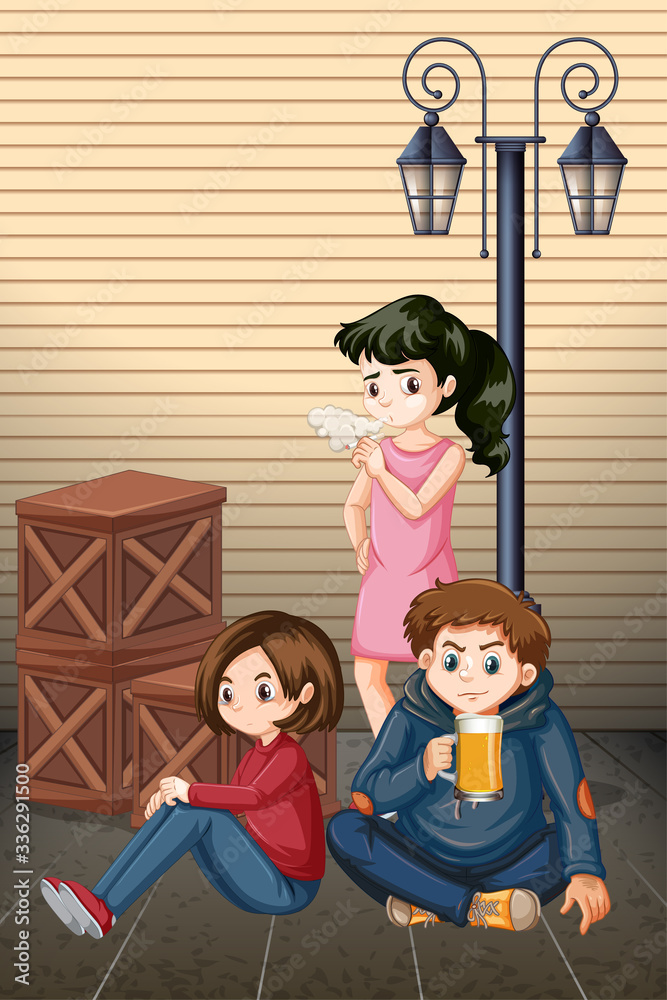 Scene with teenagers drinking and smoking on the street