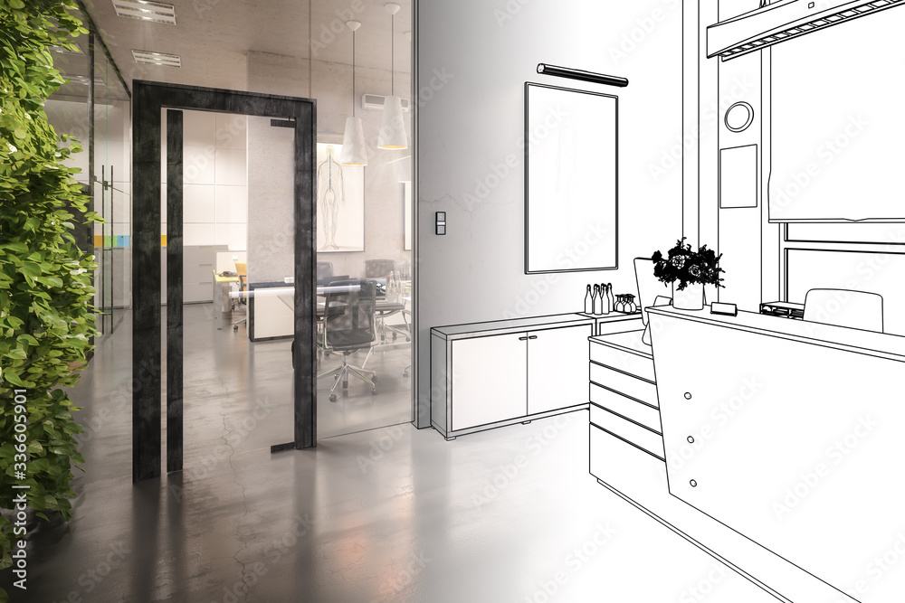 办公室设计：入口区域（草案）-3d插图