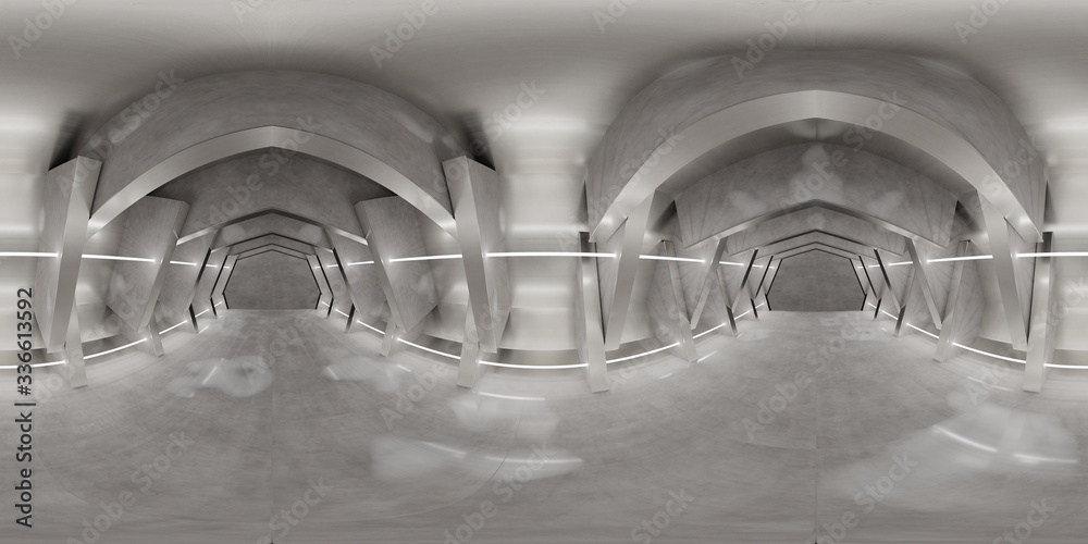 混凝土未来主义内饰的高分辨率HDRI全景，看起来像宇宙飞船。360全景